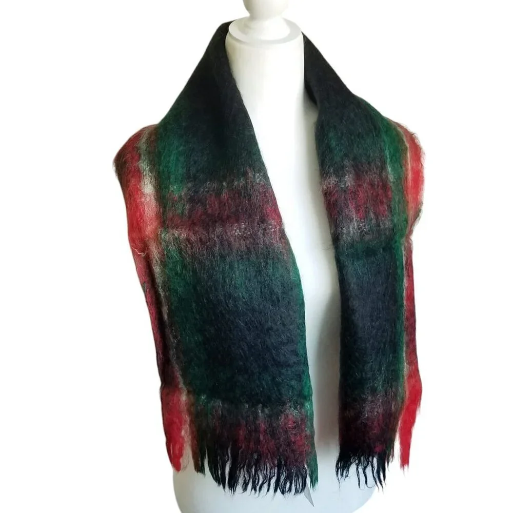 NOS Nahar Vintage Plaid 100% Mohair Wool USSR Soviet Winter Dark Academia Scarf